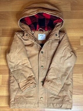 Old Navy Tan Hooded Field Jacket with Red Plaid Lining